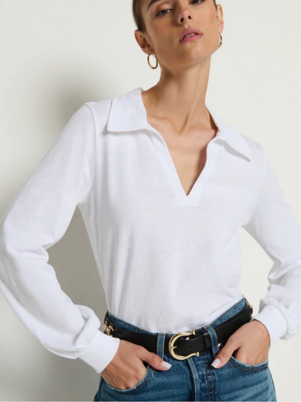 NWT Nation LA 100% Cotton White Collared Polo Long Sleeve Blouse Top